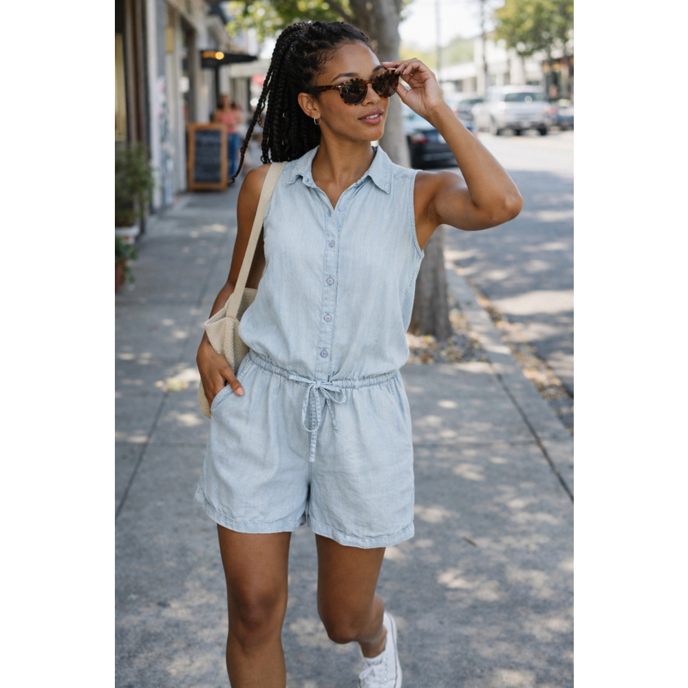 Prana Small Tencel Lyocell Sleeveless Romper Drawstring Waist Chambray Pockets